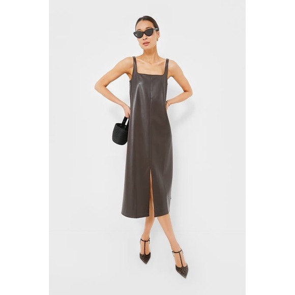 Hyacinth House Brown Faux Leather Midi Dress Square Neck Sleeveless - Picture 1 of 5